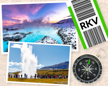 Iceland landscapes with a compass and a baggage label